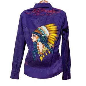 Like New Ed Hardy Purple Cowgirl Tattoo Graphic Print Shirt from Size M